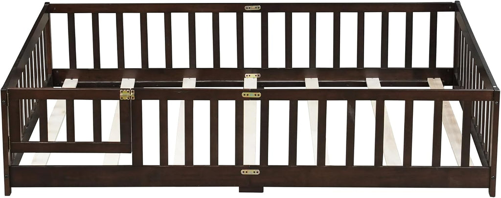 Floor Bed for Kids, Girls, Boys, Rubber Wood Floor Bed with slats and Door/Rails/Fence, Espresso