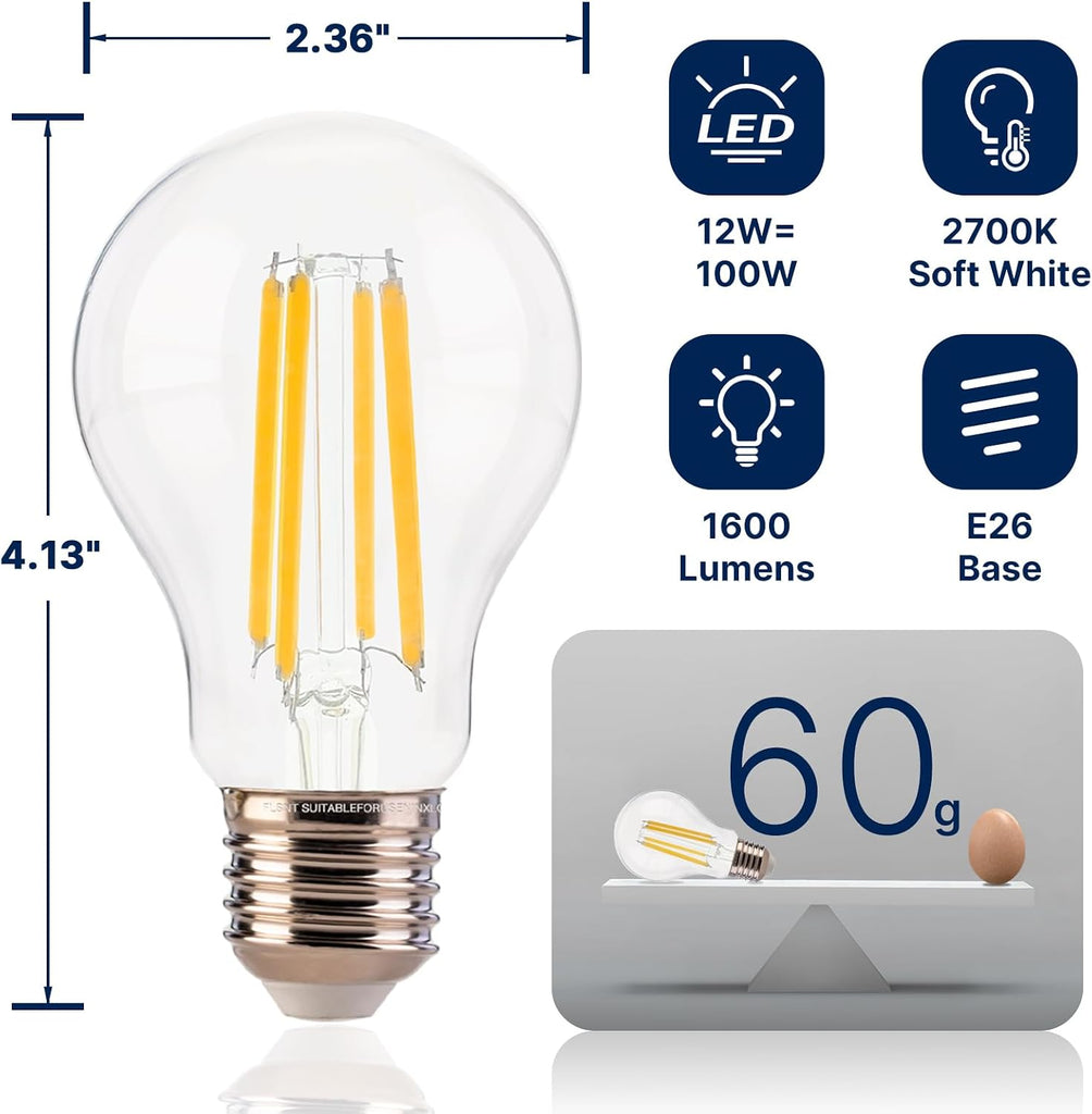 100W Equivalent A19 LED Light Bulbs, Efficient 12W, 1600Lumens, 2700K Soft White, CRI82, E26 Base LED Filament Light