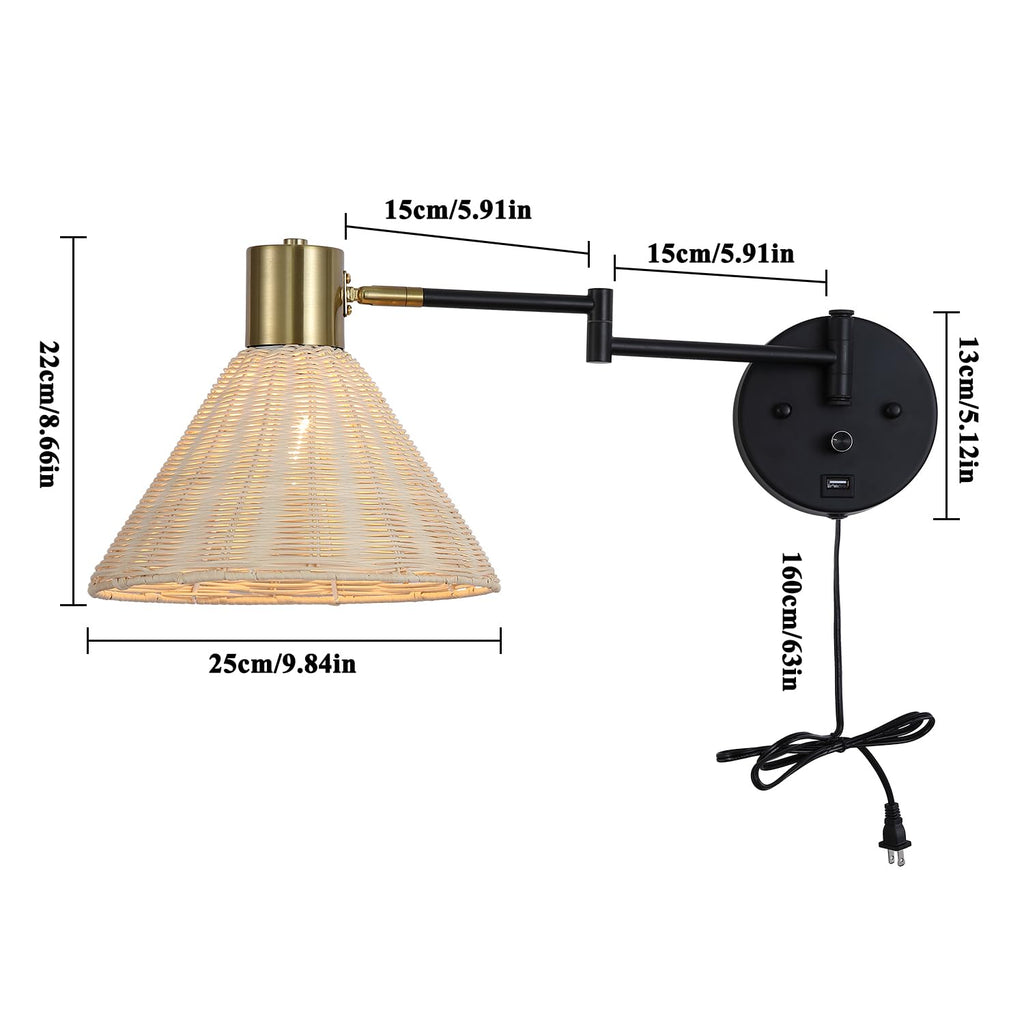Plug in Rattan Wall Sconce Swing Arm Wall Lamp, Black
