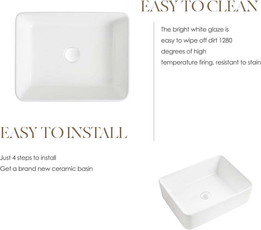 White Rectangle Bathroom Vessel Sink，19'' X 15'' Ceramic Above Counter Vessel Sinks，Modern Sink Bowls for Bathroom