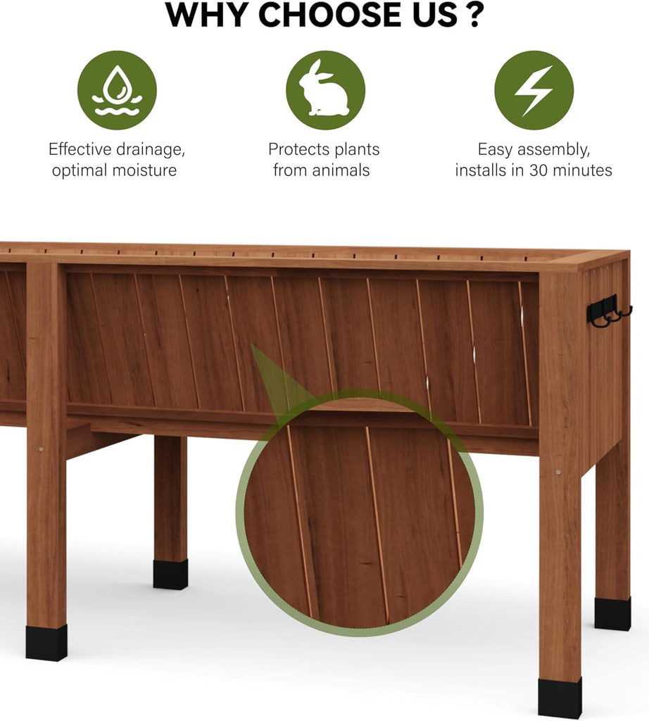 6x2x2.5 ft Large Raised Garden Bed (72x26x30 in) - Elevated Wood Planter Box with Storage Hooks & Locking Wheels