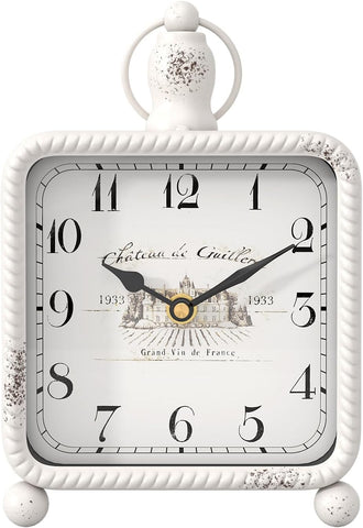 Vintage White Table Clock on Stand, Desk and Shelf Decor Clock, French Rustic Style Mantel Clocks for Farmhouse