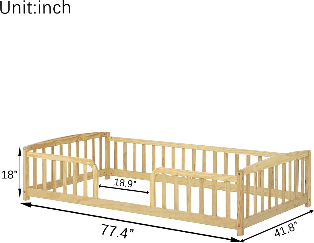 Montessori Floor Bed with 18" Fence and Curved Entrance, Pine Wood Bed Frame with Safety Guardrails, Low
