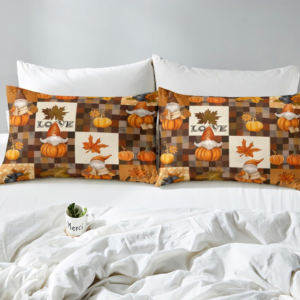 Fall Pumpkin Harvest Duvet Cover Set, Rustic Maple Autumn Leaves Quilt Cover Set(NO Comforter), Patchwork