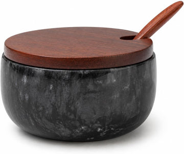 Marble Salt Cellar with Lid and Spoon, Acacia Wood, Black