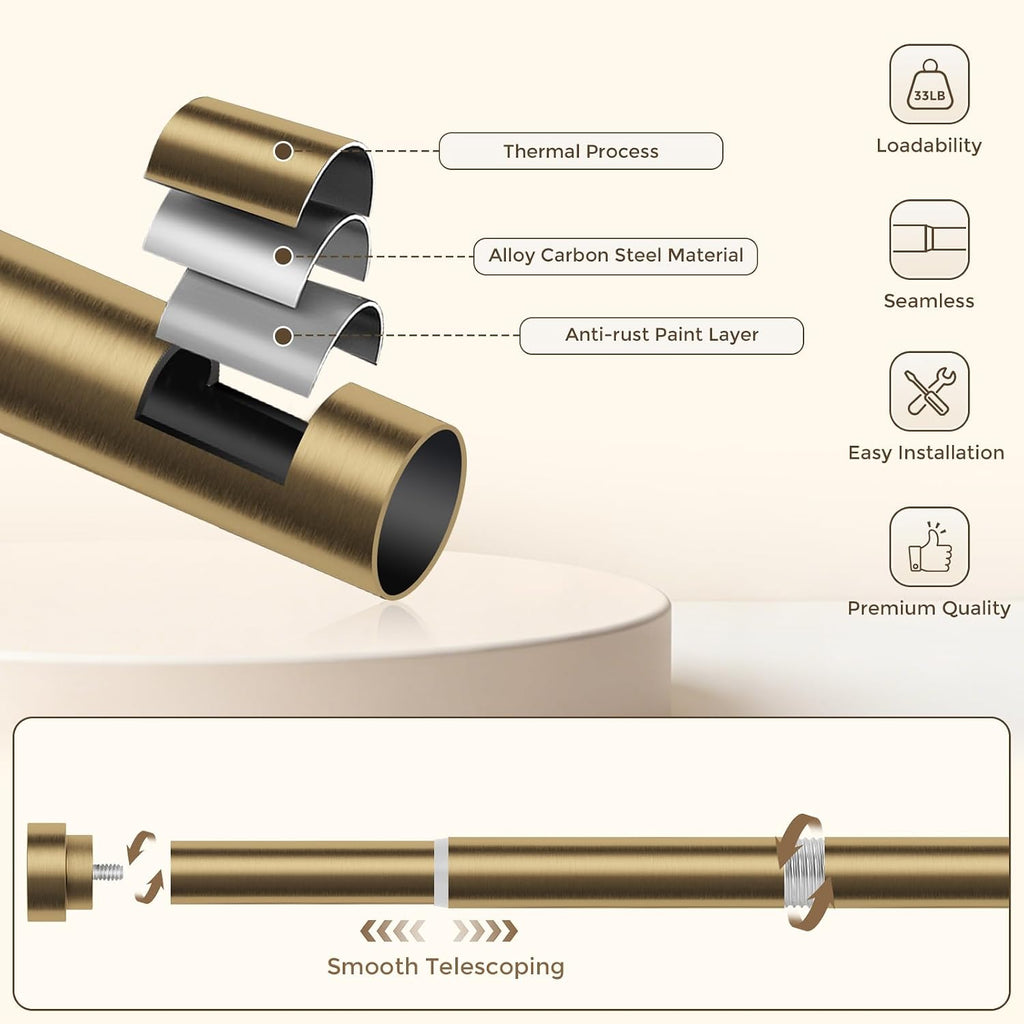 Brass Gold Curtain Rod, Brushed Warm Gold 1" Adjustable Long Heavy Duty Curtain Rods for Windows