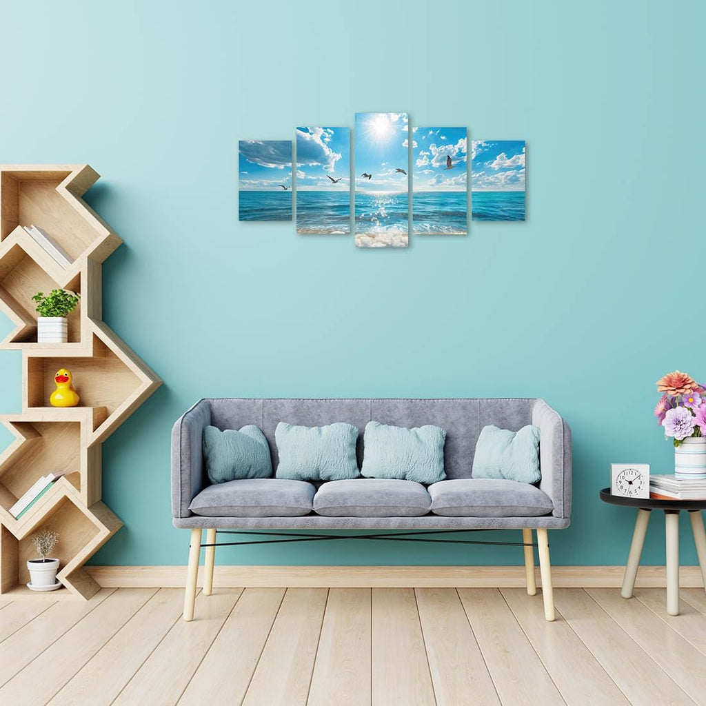 Seascape Canvas Wall Art Prints 5 Pieces Sea Pictures Blue Sky Ocean Wall Decor Living Room Home (Small, Wrapped