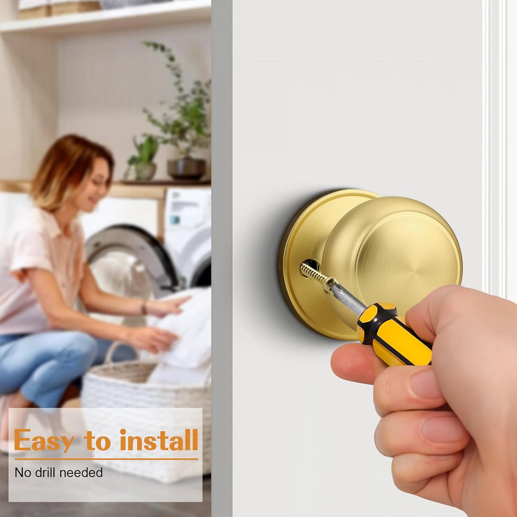 Gold Door Knob One Side 2 Pack, Fake Door Handles Dummy Function for Closet French Doors, Brushed Brass Finish
