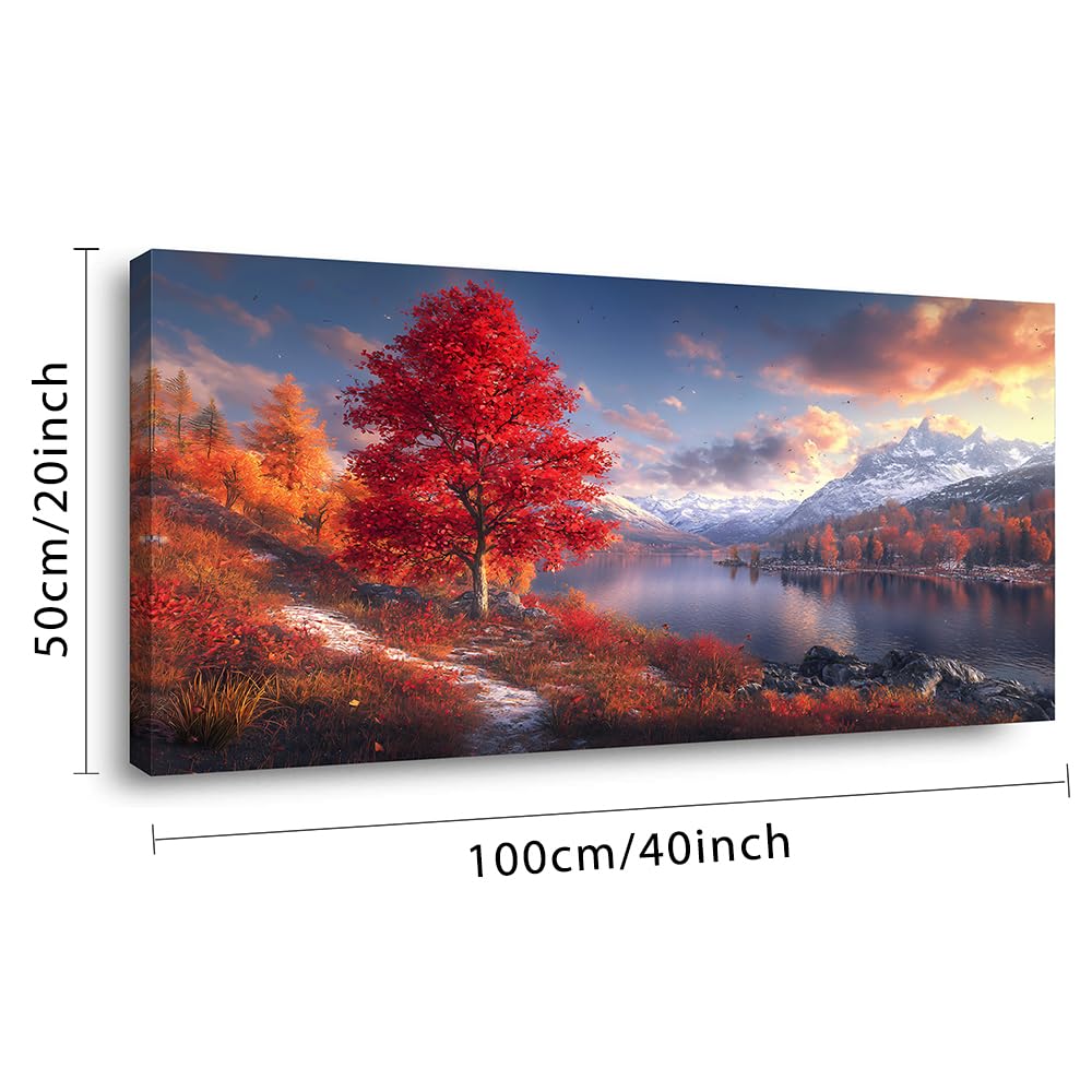 Beautiful Mountain Landscape Wall Art Office Nature Riverside Scenery Red Tree Painting Prints Autumn Scenic Canvas