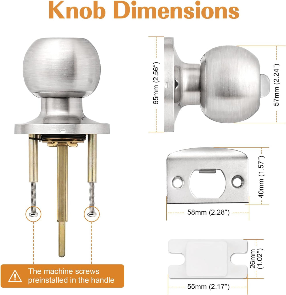 Privacy Interior Door Knobs Stainless Steel, Keyless Door Locks Bathroom, Brushed Nickel, 10 Pack