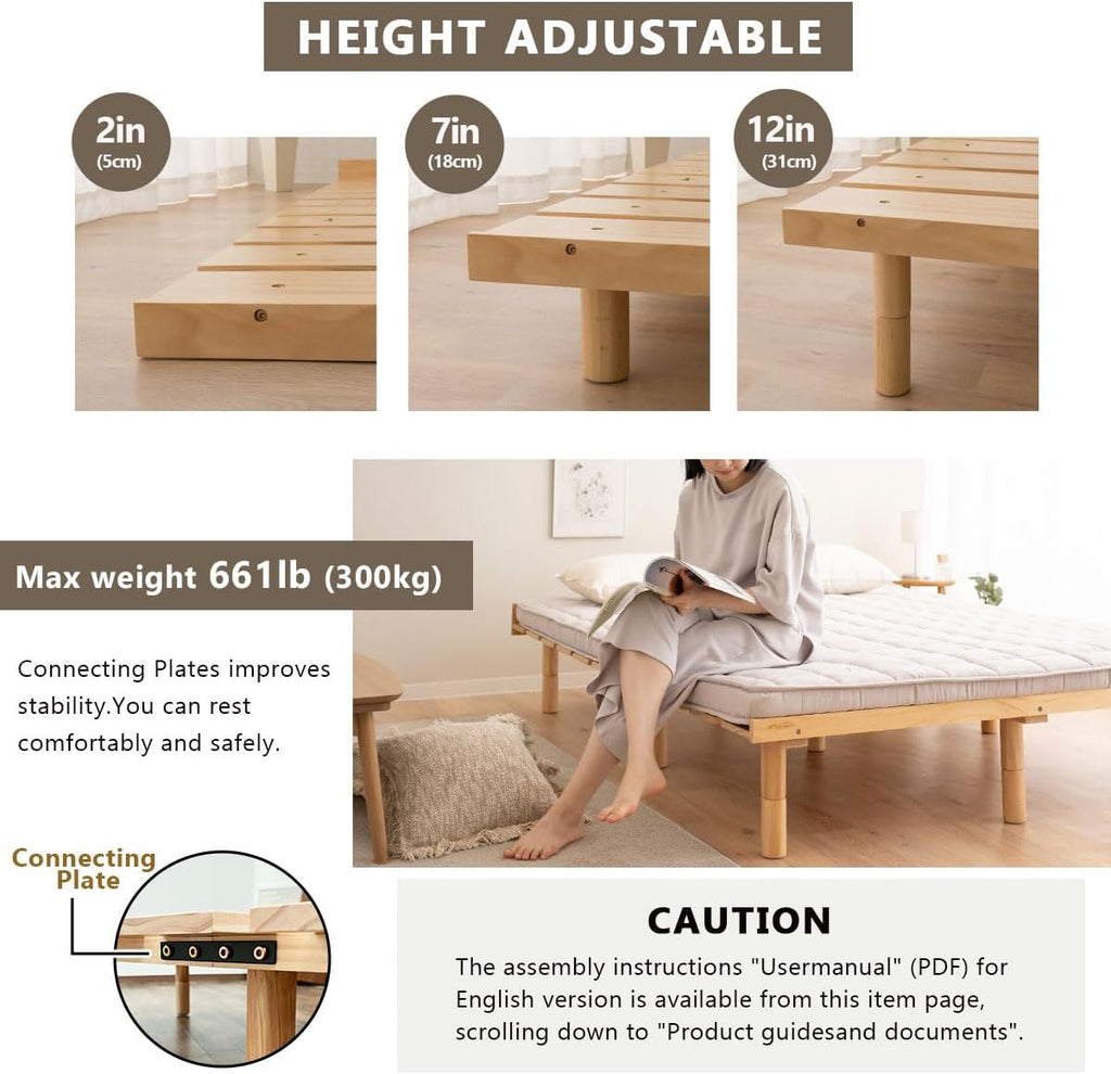 Japanese Futon Mattress & Wood Slatted Bed Set Machi-(Earth-Natural), Solid Pine 3-Heights Adjustable