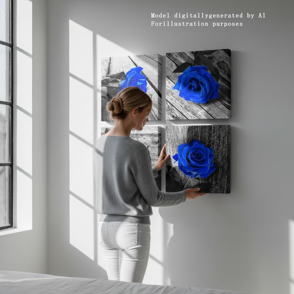 4-Piece Royal Blue Rose Pictures Wall Decor, Canvas Art 12x12in