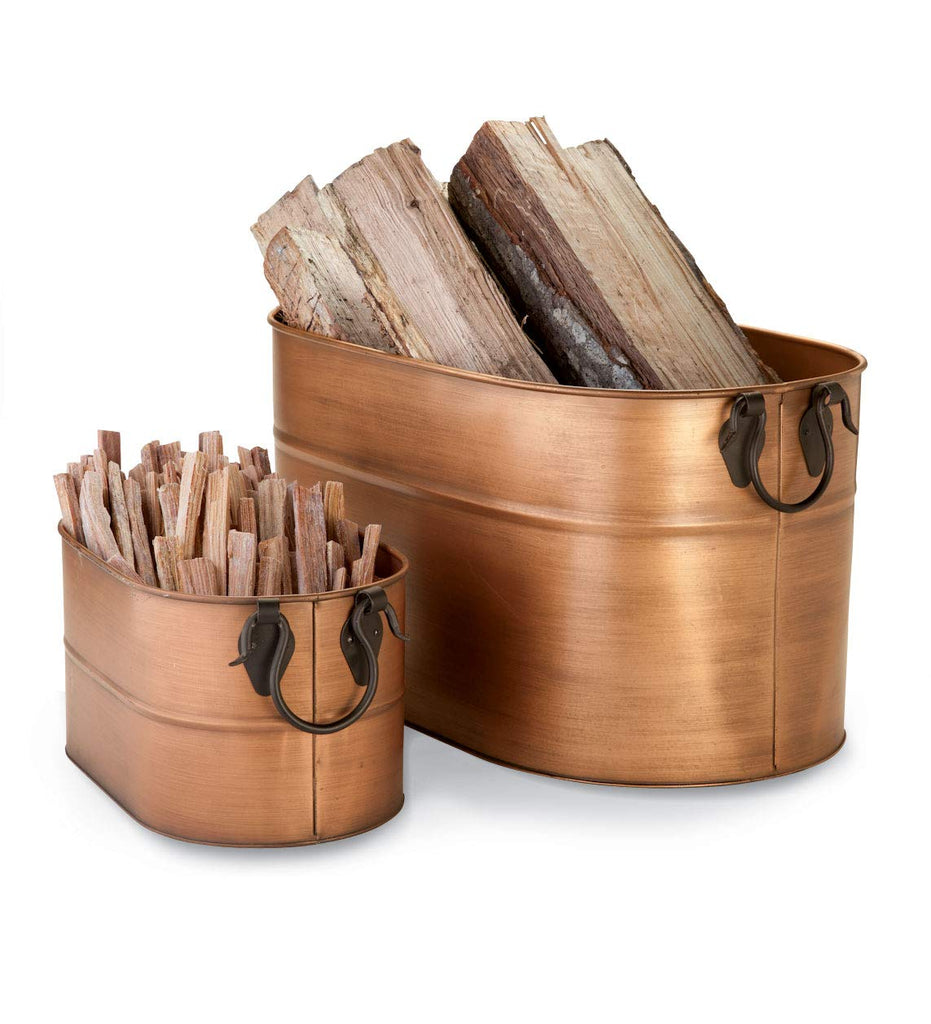 Vintage-Style Antique Copper Firewood Bucket with Wrought Iron Handles | Decorative Firewood Rack | Galvanized Steel