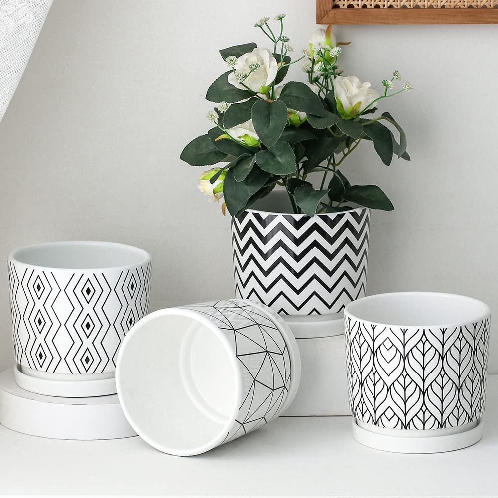 Plant Pots 5 Inch White Ceramic Flower Pots with Drainage Indoor Planters