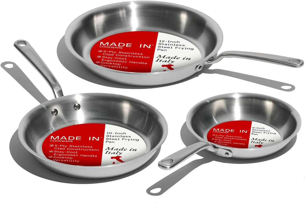 Cookware - 3-Piece (Includes 8",10",12") Stainless Frying Pan Set - 5 Ply Stainless Clad - Professional Cookware