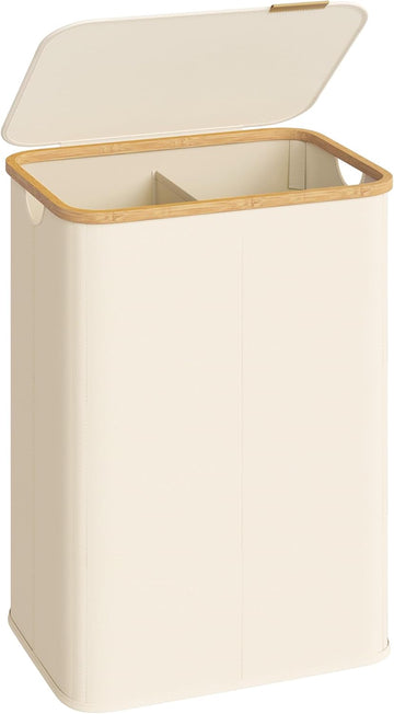 Laundry Hamper, Laundry Basket with Lid, Foldable Storage Basket, Bamboo Frame, Oxford Fabric, 37 Gal. (140 L), Cream
