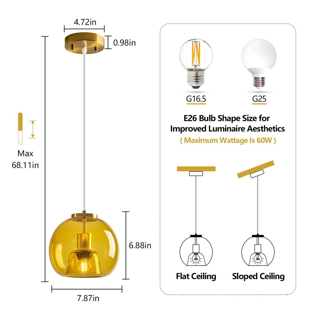 Yellow Glass Pendant Lights Kitchen Island, 7.87", 3 Pack