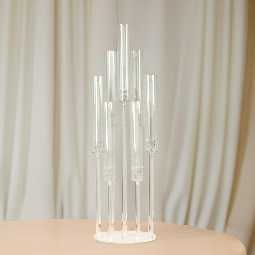 Clear 33 in Round 7 Arm Acrylic Cluster Taper Candle Holder Candelabra - Wedding Reception Party Dining Table Home