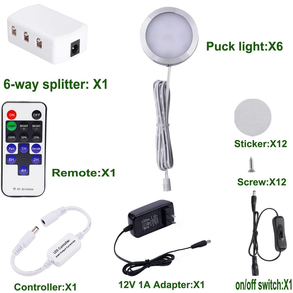 LED Under Cabinet Lighting Dimmable with RF Remote Control, 6 LED Puck Lights, Total of 12W, Count Closet Wardrobe