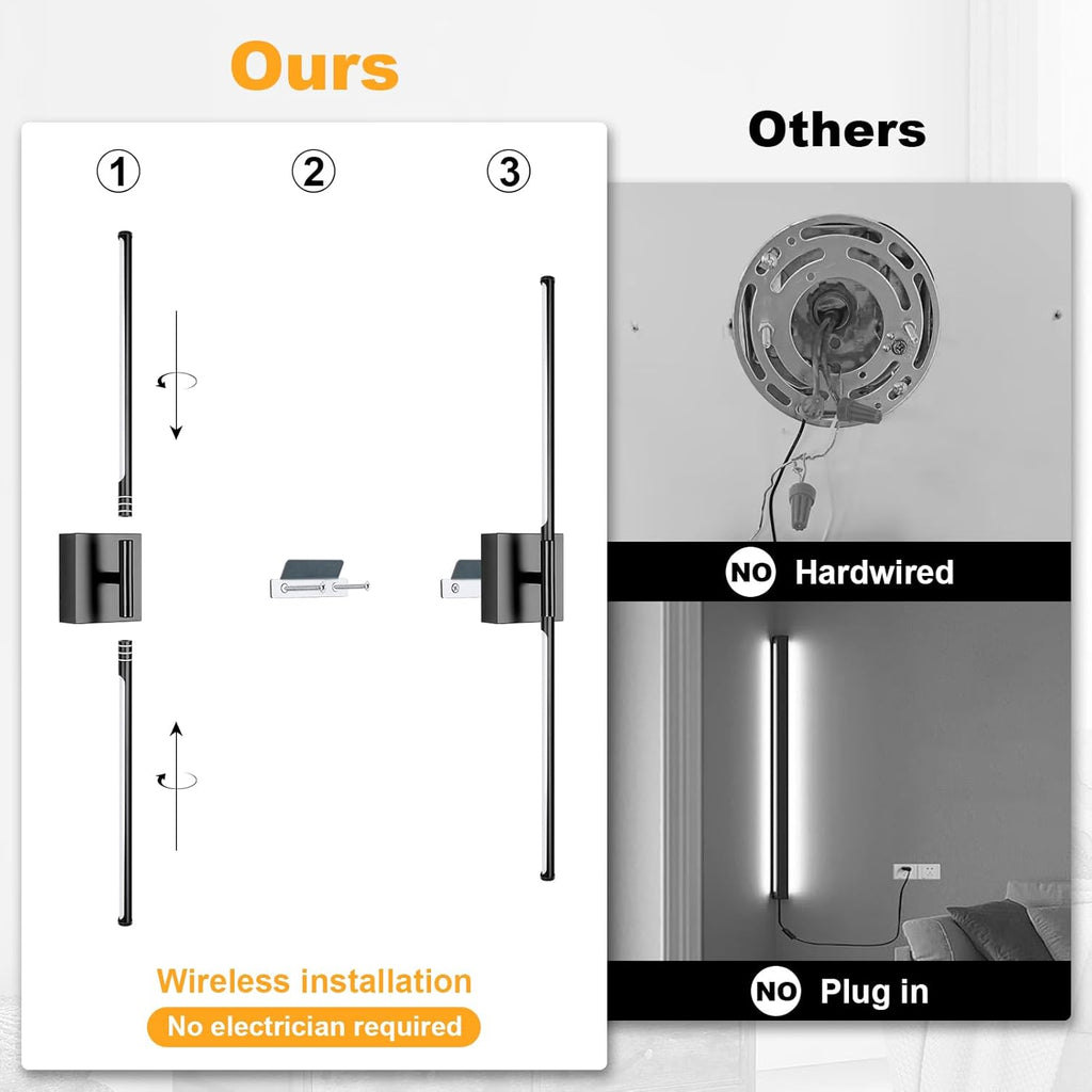 Battery Operated Wall Sconce Set of Two with Remote Control, 3000K-6000K Dimmable Black Wall Lights, Timable LED