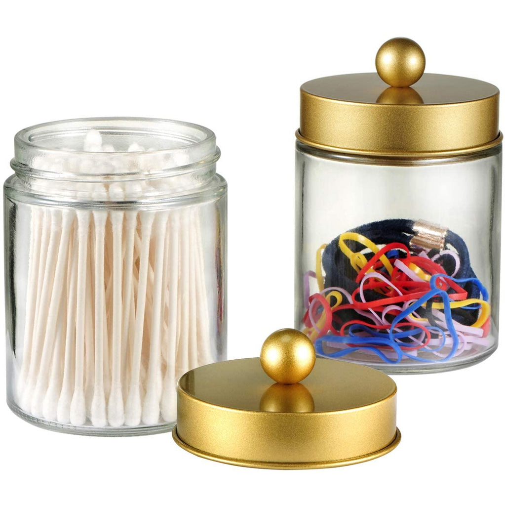 Glass Apothecary Jar Qtip Holder Metal Lids 4pc/Gold
