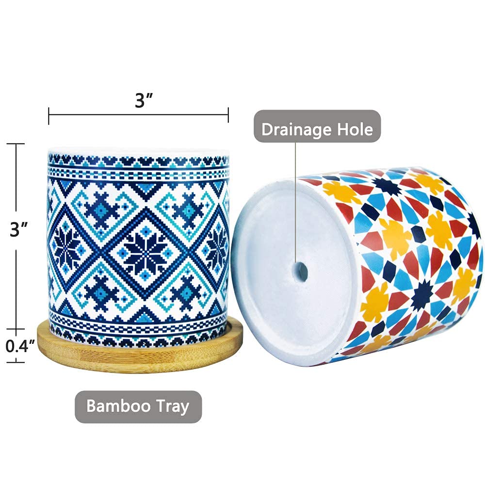 6 Pack Mandala Succulent Plant Pot with Bamboo Trays, Ceramic Multicolored Succulent Container Planter Pot for Small
