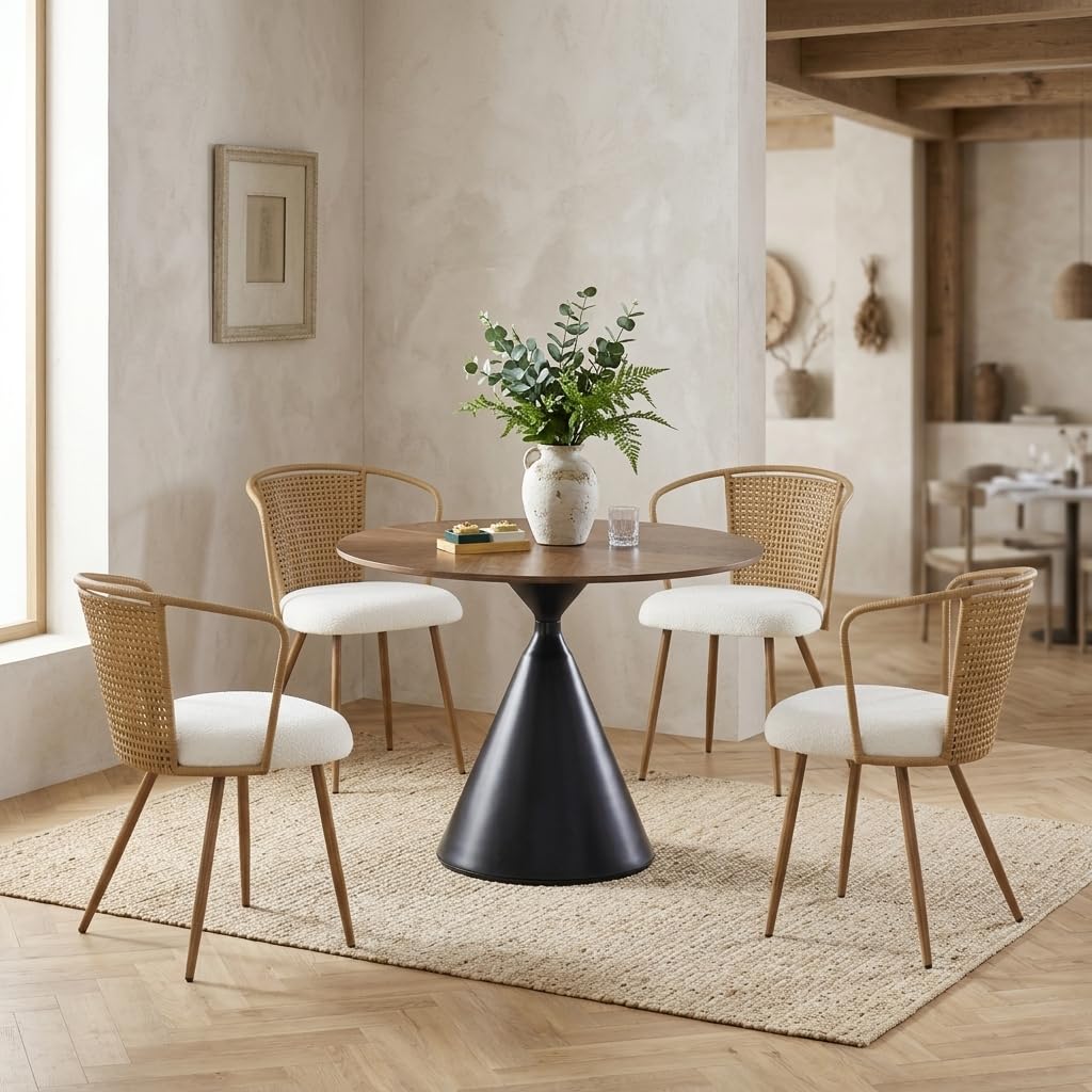 Rattan Dining Chairs, Upholstered Boucle Cushion with PE Cane Wing Back Kitchen Chair, Modern Dining Room Chair with