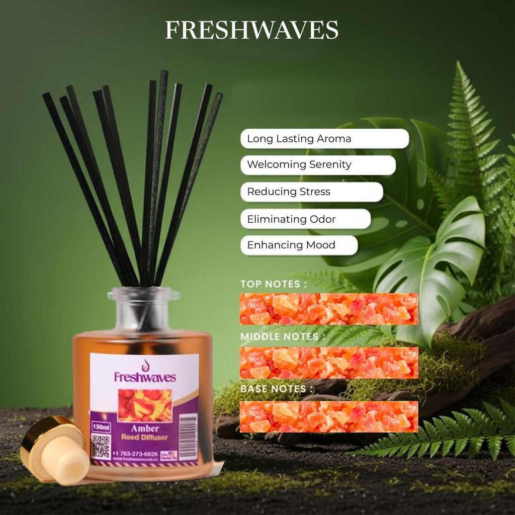 Amber Reed Diffuser |150ml| Long-Lasting Flameless Fragrance & Decorative Glass Bottle - Set of 6