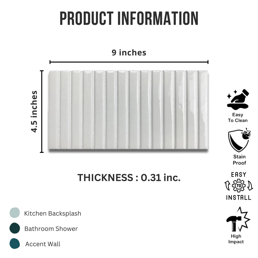 Scandia Glossy White 4.5x9 Ribbed Porcelain Wall Tile, 3D KitKat Fluted Decorative Tile Backsplash, Bathroom, Shower