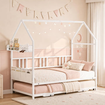 Daybed with Trundle, House Shaped Twin Bed Frame, White