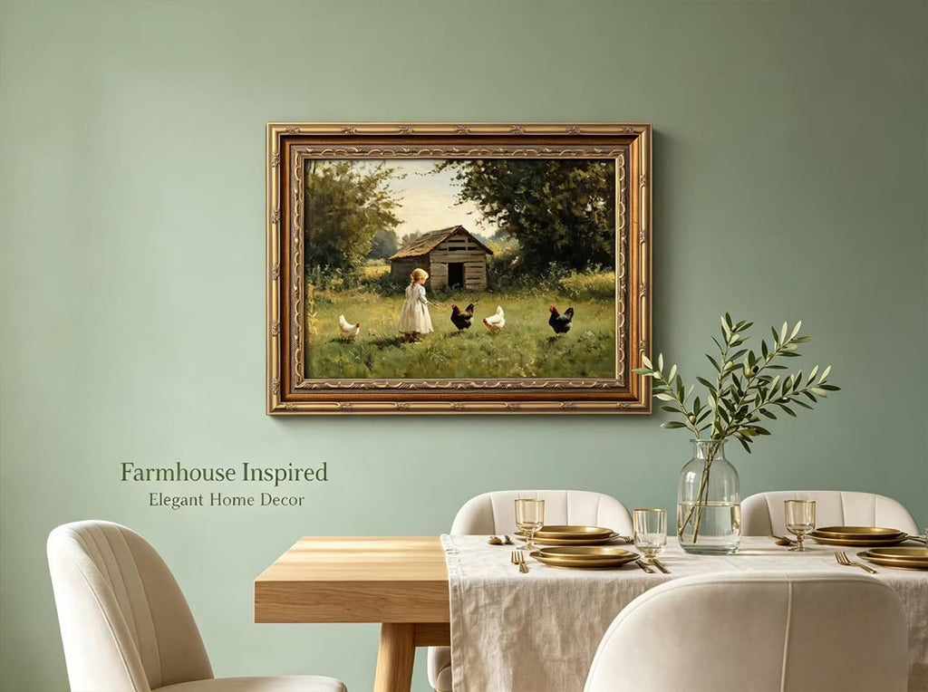 Vintage Gold Framed Farmhouse Chicken Wall Art Retro Country Farm Girl and Chicken Canvas Wall Decor Retro Rustic