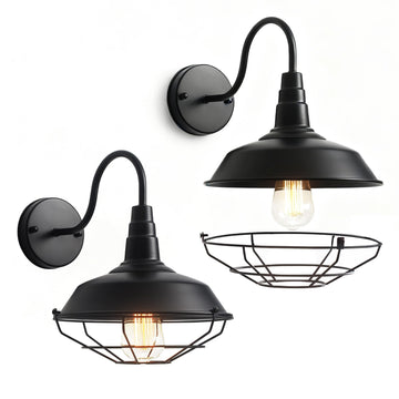 Gooseneck Barn Lights with Cage for Outdoor, 2-Pack Farmhouse Exterior Wall Sconces 10-Inch Dome, Matte Black Vintage