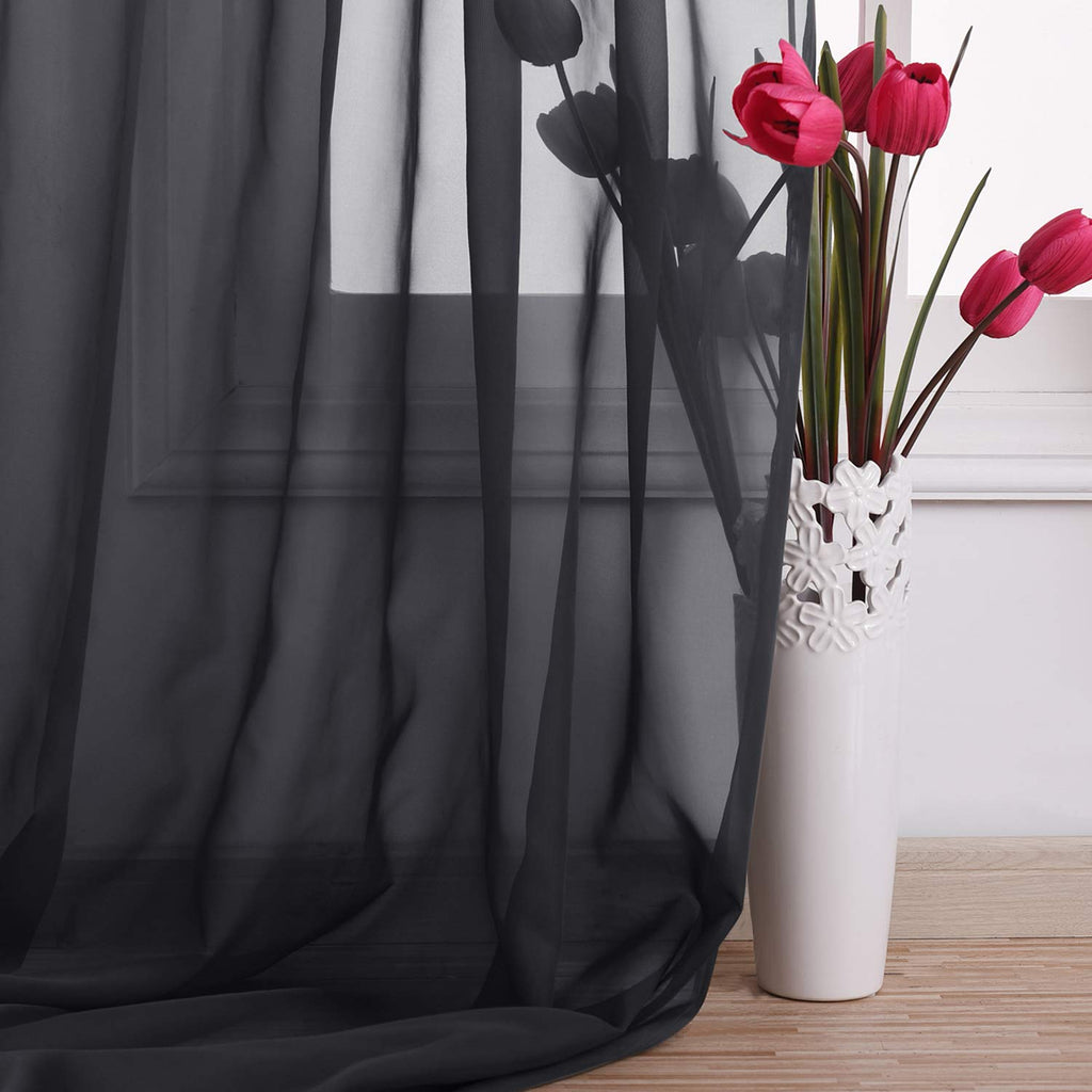 Black Sheer Villa Scarf Curtain Panels, Simple Voile Sheer Scarf Valance for Your Son & Farther Bedroom, 2 Pieces