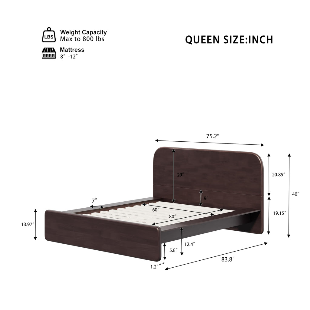 Queen Walnut Platform Bed with Rounded Headboard