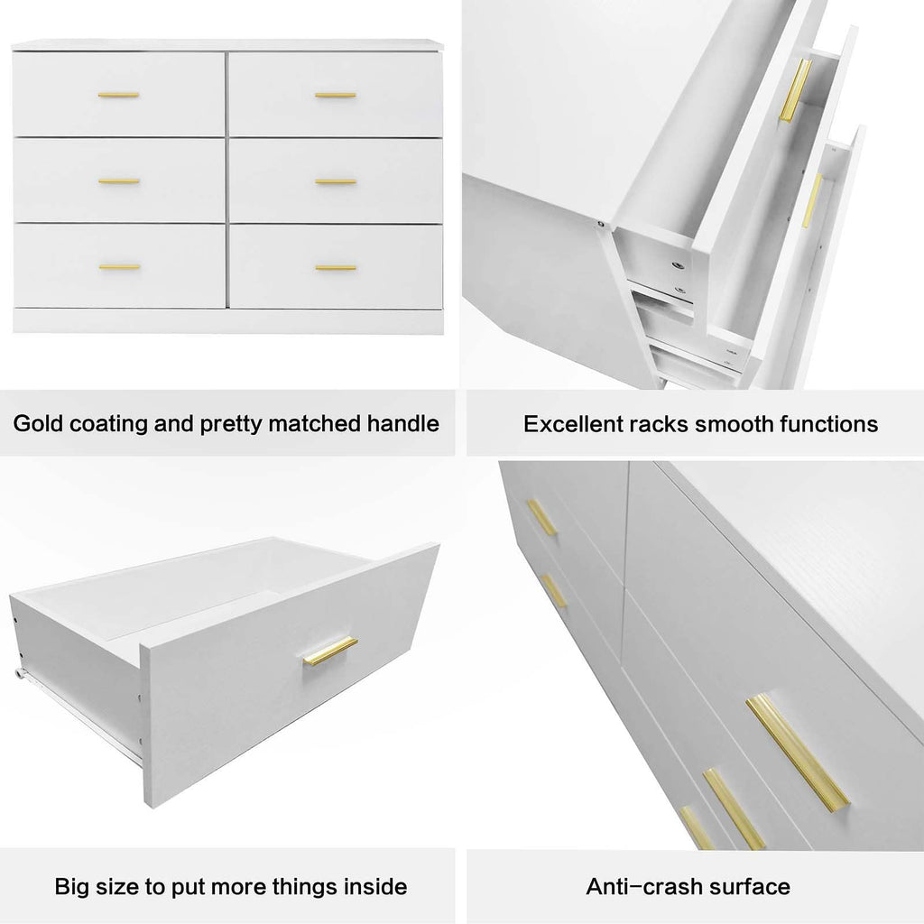 47" Modern White, 6 Drawer with Gold Handles