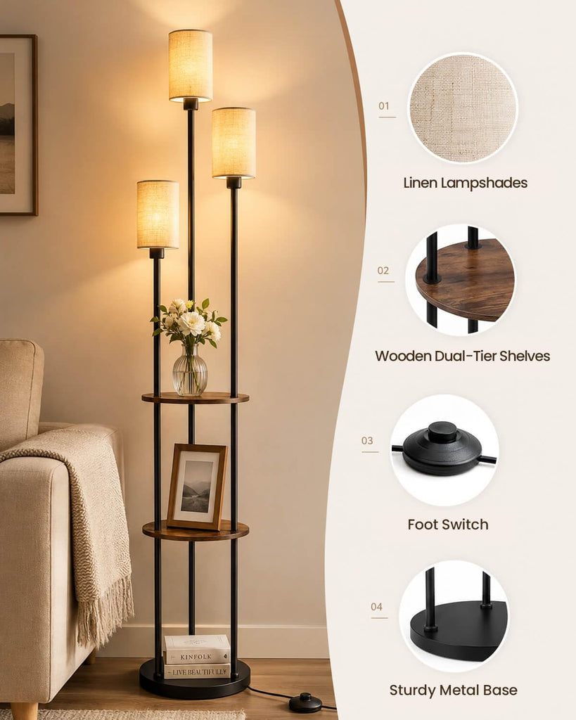 71" Floor Lamp with Shelves, 3-Tier Standing Light, Black and Beige