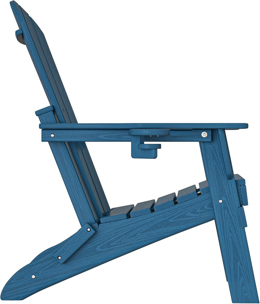 HDPE Folding Adirondack Chair Set of 2 with Cup Holder, Navy | SGS Tested, Wooden Textured, Heavy All-Weather HDPE