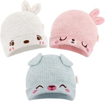 Organic Cotton Toddler Hat Set 3 Cute Animal Ears Design, Beanies for Baby Boys and Girls 0-6 Months, Pink