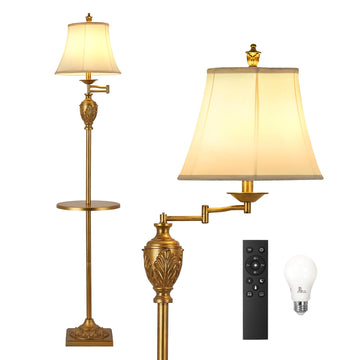 Traditional Floor Lamp with Tray, Remote Dimmable, 350° Swing Arm and Gold