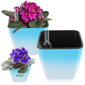 Self Watering Planters for Indoor Plants, 5.2 Inch 3 Pack Square Plastic Plant Pots with Water Level Indicator &