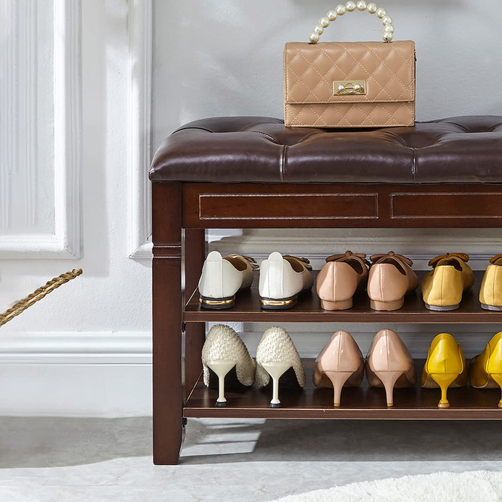 Shoe Bench, Storage Rack Organizer with Cushion 2 Tier Lift Top Shoe Rack Living Room Bedroom Hallway Wooden