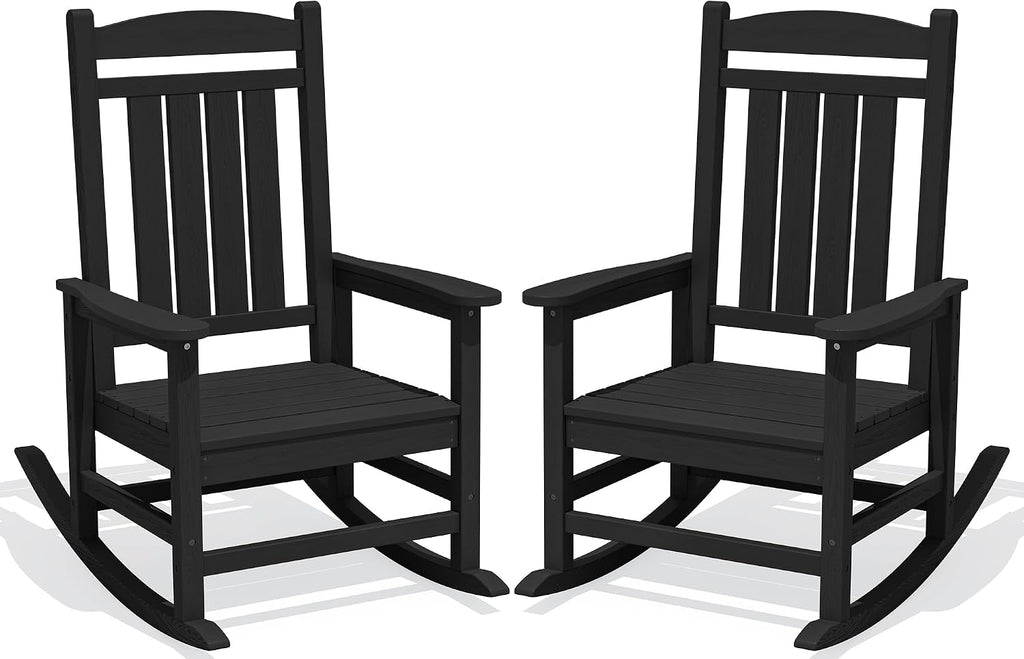 Oversized Outdoor Rocking Chairs Set of 2, HDPE Porch Rocker, Black | - Rocking Chairs for Outdoor with Wide Seat