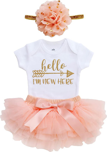 OoSweetCharlotteoO Newborn Baby Girl Coming Home Outfit Hello I am New here Bodysuits 3pcs (Newborn) (Newborn, Peach