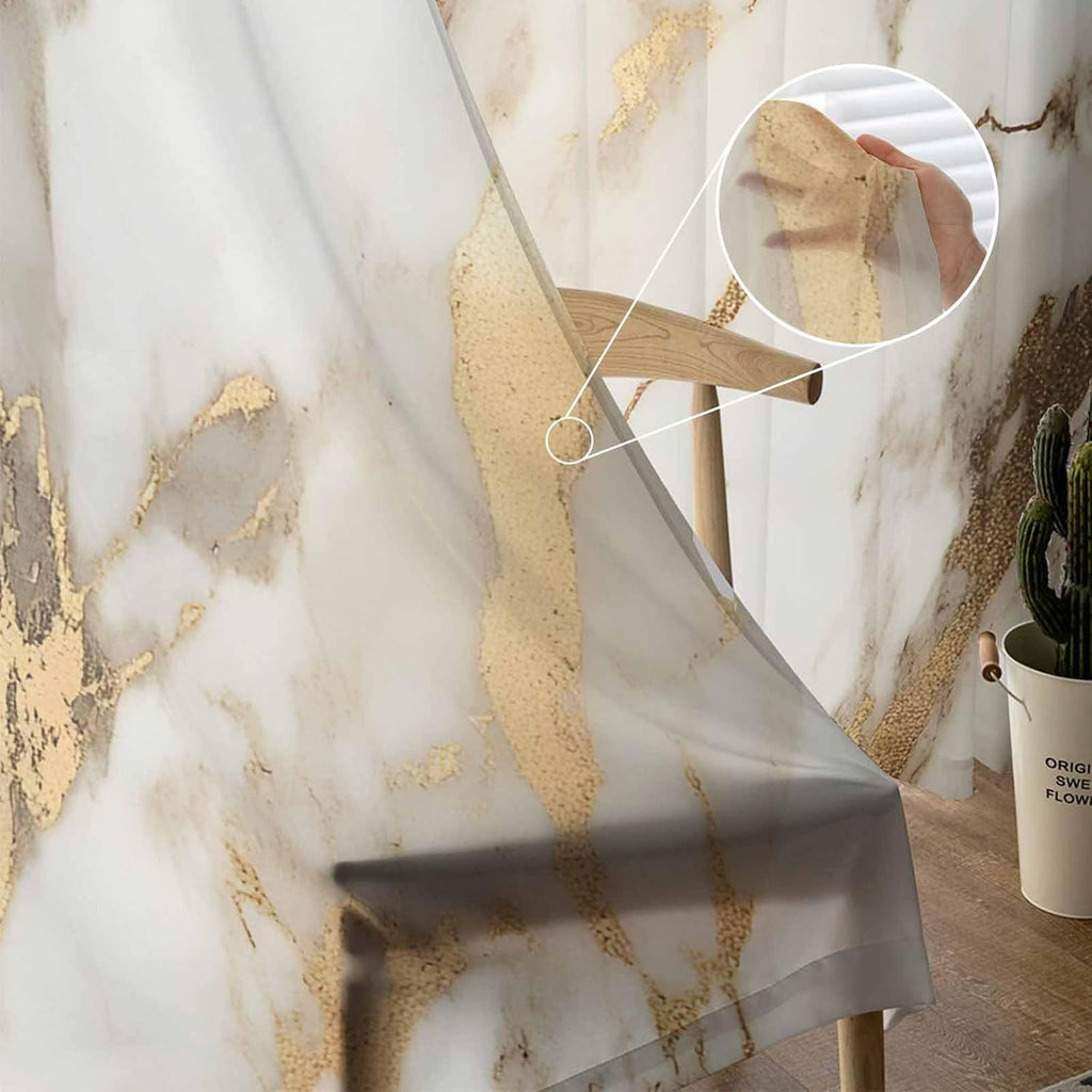 Sheer Curtains 96 Inches Long, Marble Gold Light Filtering Window Curtains , Abstract Luxury Wave Gold Marbling