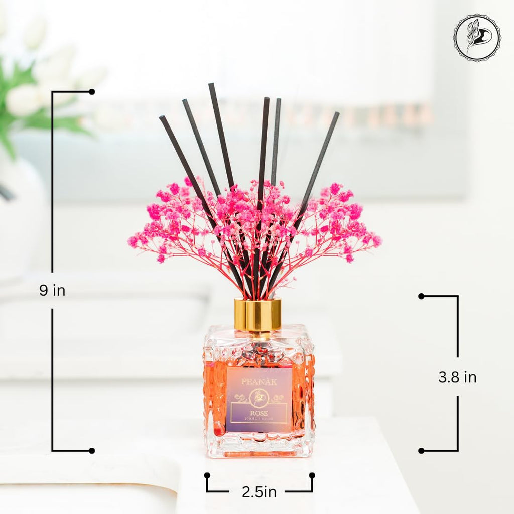 PEANÄK Reed Diffuser Set - Sandalwood Rose Fragrance 6.7oz (200 ml) - Real Preserved Flowers & 8 Reed Sticks Shelf
