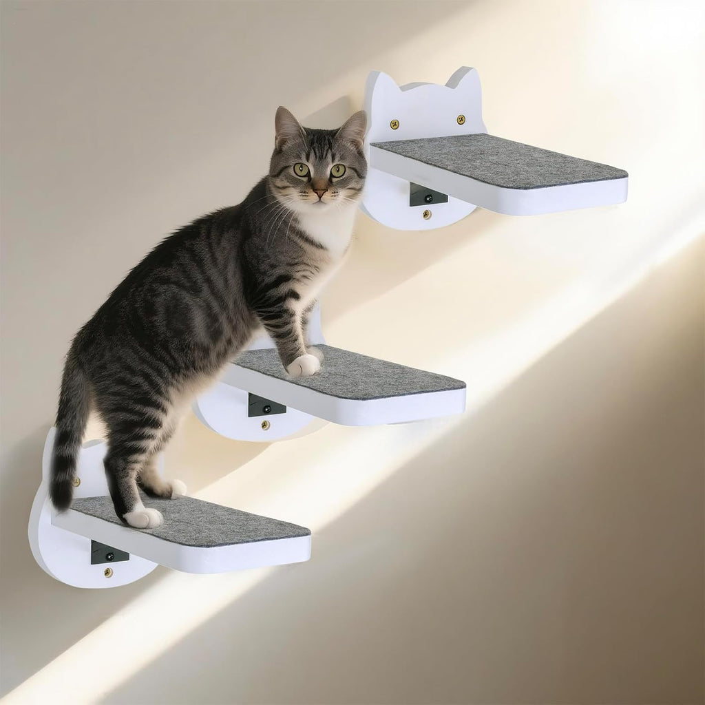 White Painted Wooden Cat Wall Floating Steps Set of 3