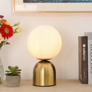 12" Gold Globe Table Lamp, Modern Vintage White Glass Globe Lamp with Metal Base, Bedside Nightstand Lamp