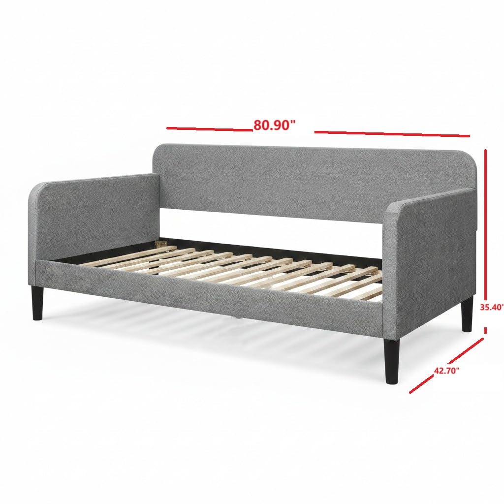 Savannah Twin Daybed, Velvet Upholstery, Clean Lines, Rounded Track Arms, Slim Wooden Feet, Full Slat System, Silver