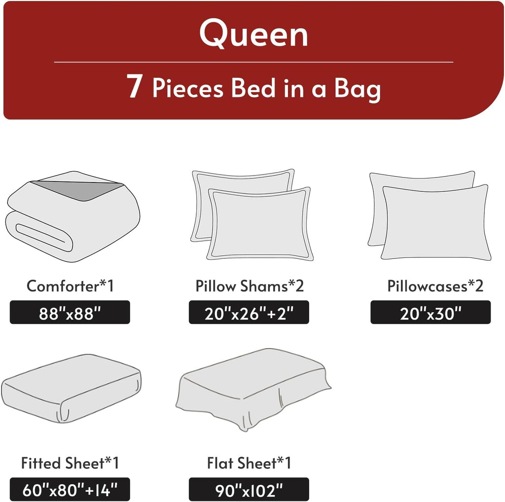 7 Pieces Queen Comforter Set, Reversible Bed in a Bag Queen, All Season Bedding Set with Comforter, Flat Sheet