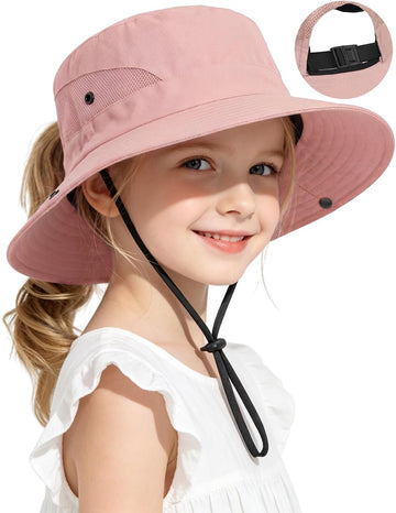 Kids Sun Hat Ponytail Girls UPF 50 Bucket Cap Summer Beach Fishing Kids Hat Wide Brim Adjustable Swim Hat